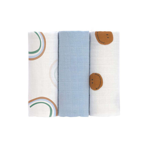 Lassig - Happy Rascals - Swaddle & Burp Blanket M GOTS 3 pcs, 60 x 60 cm  - Smily sky blue