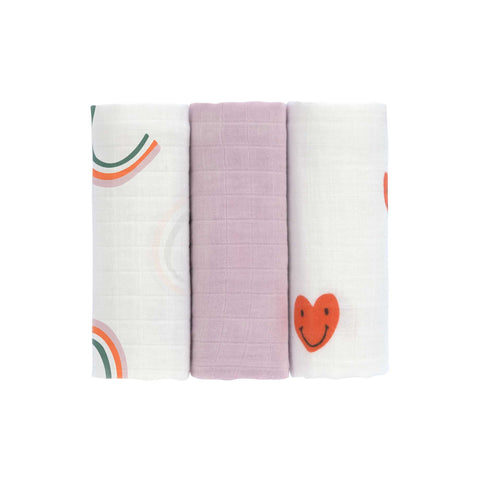 Lassig - Happy Rascals - Swaddle & Burp Blanket M GOTS 3 pcs, 60 x 60 cm  - Heart lavender