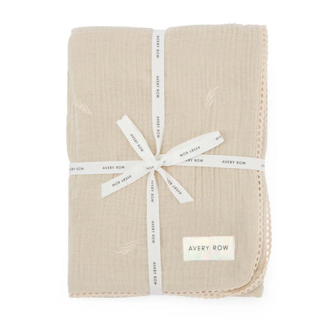 Avery Row - Embroidered Muslin blanket - Grasslands, Milky White
